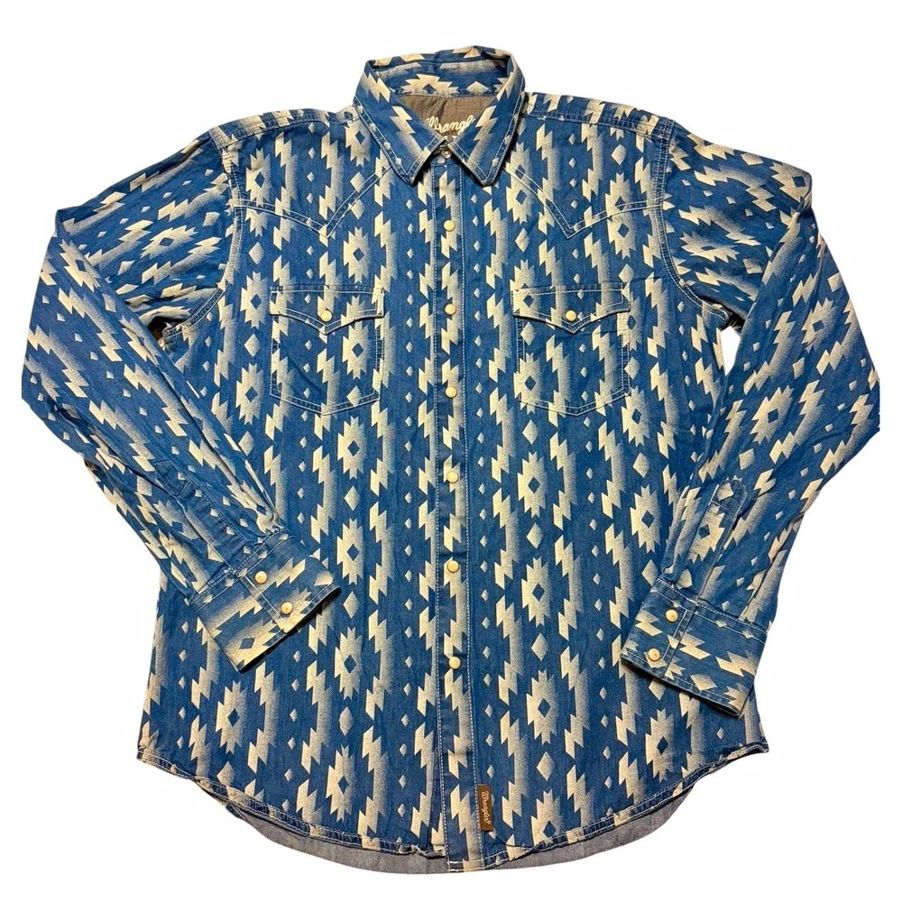 Wrangler Retro Premium Men's L Blue/Beige Aztec Western Pearl Snap Button-Up